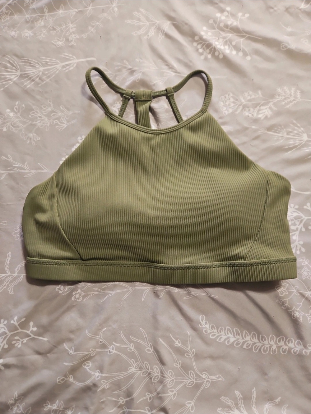 Ribbed High Neck Sports Bra in Olive Green